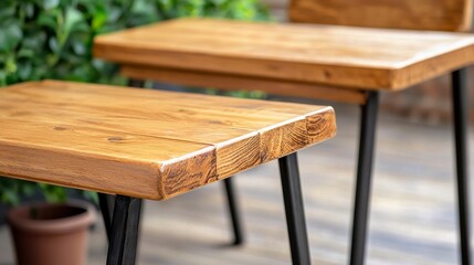 Fototapeta premium Rustic Wooden Chairs with Black Metal Legs Outdoors