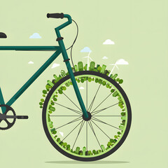  illustration of a bicycle, where its front wheel forms a circular 'eco-city' or 'green planet' adorned