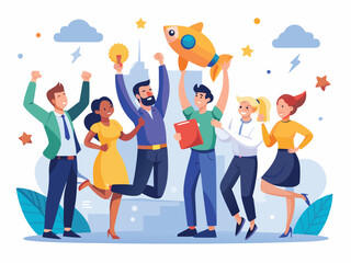 Fototapeta premium Diverse team celebrates success with rocket and lightbulb business teamwork
