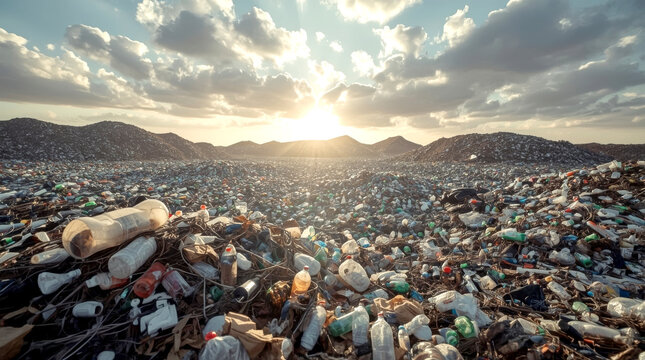 Plastic bottles at landfill. massive landfill or garbage dump, with huge mountains of trash and plastic waste stretching across the landscape under a dramatic sky with a bright sunset.
