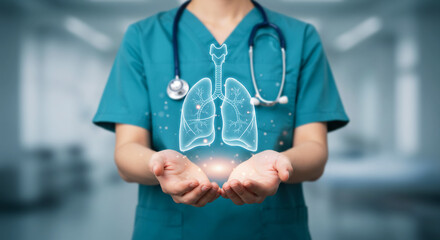 Medical Professional Holding Glowing Lungs, Representing Respiratory Health and Medical Care