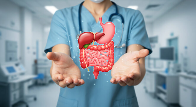 Medical Professional Holding Human Digestive System, Representing Gastroenterology and Health