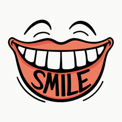 Joyful smile with the word smile written on lips