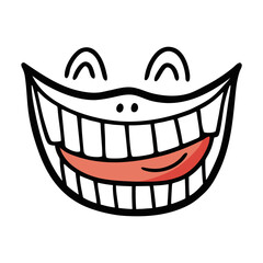 Cartoon face with a wide grinning mouth and happy eyes