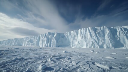 Ultra-Realistic Polar Ice Barrier Seen from Below with Snow-Covered Ground, Fractures, and Towering Glacier Formations