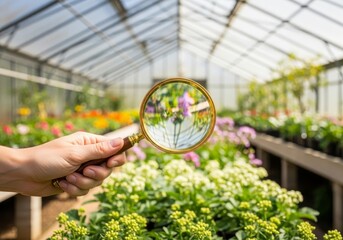 Greenhouse Inspection: A Close Look at Healthy Plants - A hand holds a magnifying glass, focusing on vibrant flowers in a sunlit greenhouse. Symbolizing growth, detail, care, nature, and discovery