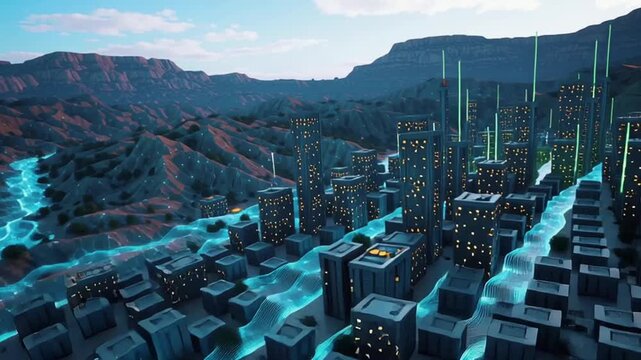 Dry cracked canyon glowing digital river data streams, bright neon blue white lights flowing, buildings morph green smart factories, aerial vibrant dynamic business concept, cinematic sci-fi realism