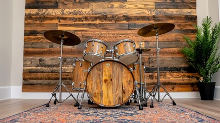 Rustic Wooden Drum Kit on Ornate Rug Against Reclaimed Wood Wall