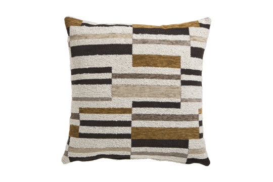 Decorative throw pillow with striped patchwork design isolated on white background