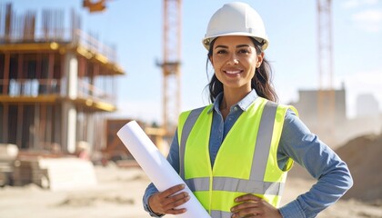 A confident female civil engineer in a helmet and safety vest, holding blueprints at a bustling construction site.