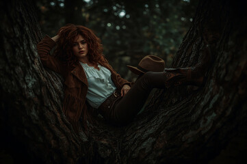 A redhead cowgirl resting in a tree lost in thought feeling serene and contemplative in dark forest