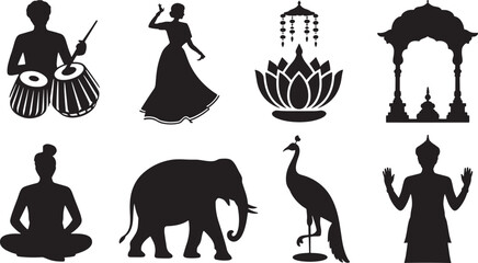 Silhouette Indian Culture Elements Vector Illustration on Transparent Background Design