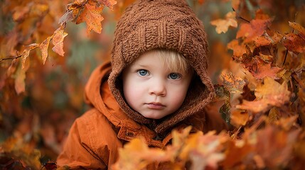 A young Caucasian boy with blond hair wears an orange knitted hat and coat. He is surrounded by autumn leaves in shades of orange and brown.
