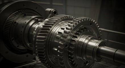 Fototapeta premium Intricate Mechanical Gears in a Dark Industrial Setting Symbolizing Engineering Precision and Complex Systems