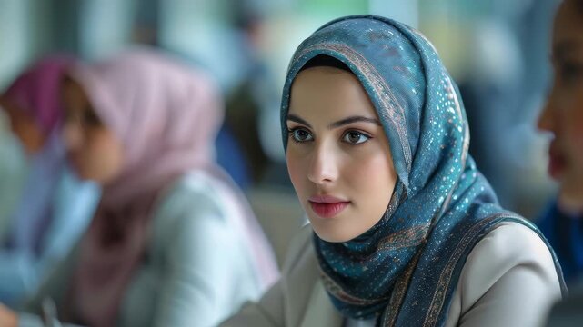 Woman in Vibrant Blue Hijab Focused and Contemplative with Indoor Blurred Background