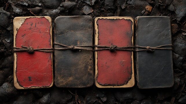 Four vintage leather-bound notebooks tied with twine on dark ground - Powered by Adobe