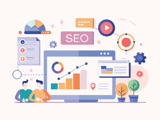 Fototapeta premium Flat vector infographic of seo strategy with charts and people flat design