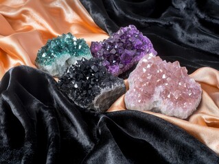 Assorted colorful crystalline mineral clusters on luxurious silky fabric with reflective surface and rich background