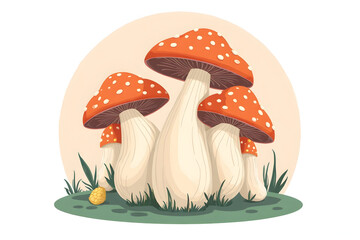 Cartoon Mushroom Illustration with Spotted Red Caps in Grassy Patch