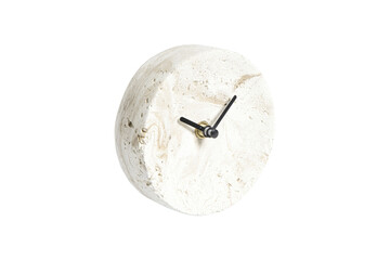 Oval shaped marble clock with black hands isolated on white background