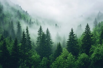 A hipster vintage retro style illustration of a misty landscape featuring a fir forest