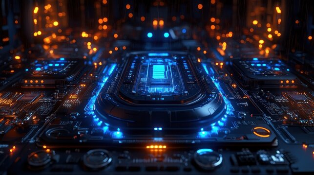 Futuristic circuit board with glowing blue LEDs - Powered by Adobe