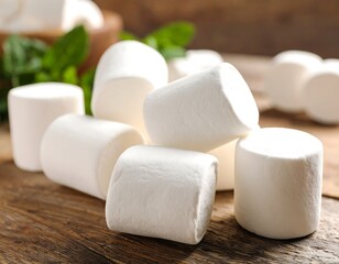 Fluffy, white marshmallows piled on a rustic wooden surface, with fresh mint leaves visible in the background