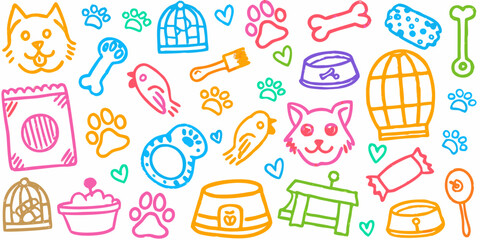 A collection of pet theme hand-drawn colorful doodles. Vector whimsical elements for print.