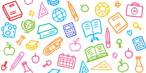 A collection of school and education theme hand-drawn colorful doodles. Vector whimsical elements for print.