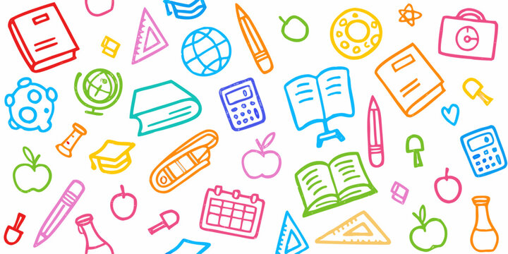 A collection of school and education theme hand-drawn colorful doodles. Vector whimsical elements for print.