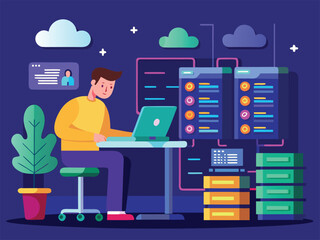 Man working on laptop near servers and screens coding