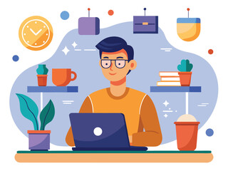 Man working on laptop with plants and coffee remote