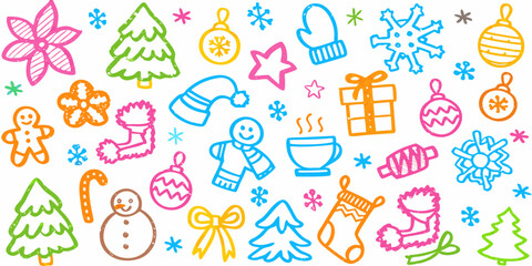 A collection of winter and holiday theme hand-drawn colorful doodles. Vector whimsical elements for print.