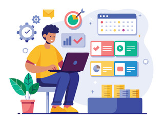 Man working on laptop with project management visuals tasks calendar