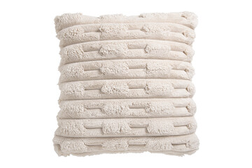Cozy textured cream faux fur pillow isolated on white background