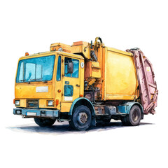 Watercolor vector illustration of Garbage Truck, isolated on white background.