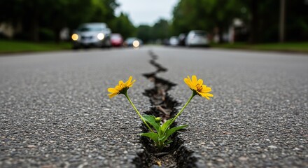 Photo of two yellow flowers grow out of a crack in the road, symbolizing resilience and the power of nature to overcome adversity