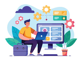 Programmer working on laptop with gears and data cloud