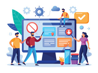 Team analyzing data on large screen with magnifying glass and checkmark people