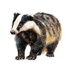 Badger, watercolor painting, vector illustration, isolated on a white background.
