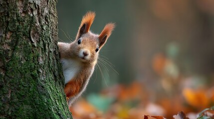A curious red squirrel peeks from behind a tree trunk in a forest. The ground is covered with autumn leaves, creating a colorful backdrop.