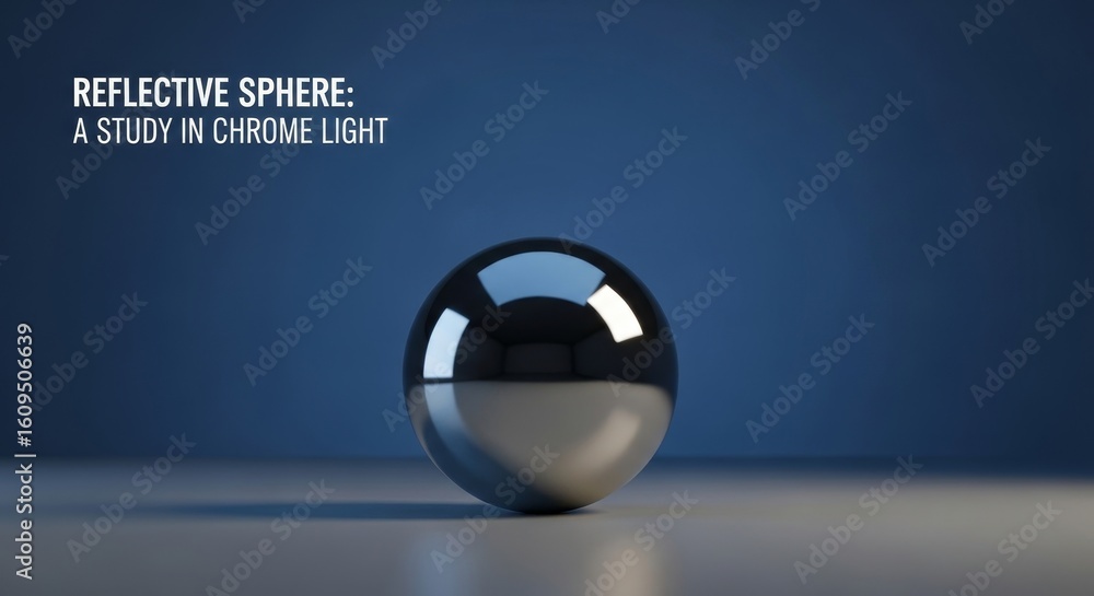 Poster chrome sphere reflection study - a single, highly reflective chrome sphere sits on a light gray surf