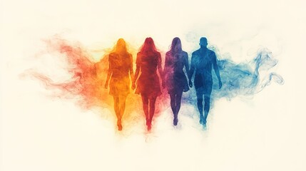 Silhouettes of Four People Walking with Colorful Smoke