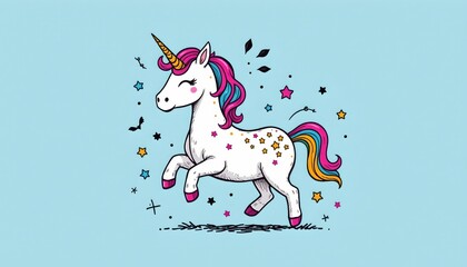 an animated unicorn standing on a blue surface with its head turned to the side, appearing to be in motion or just arrived