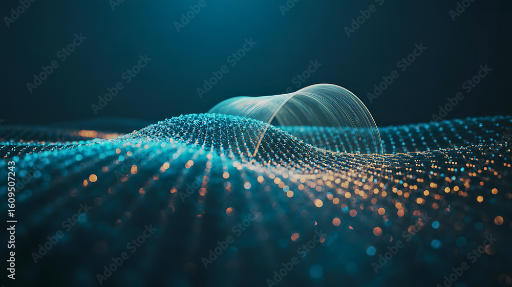Poster digital landscape of flowing energy particles forming a wave structure. abstract futuristic technolo