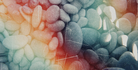 Old film light leaks texture with scratches, noise, iridescent light. Grunge retro photo style,...