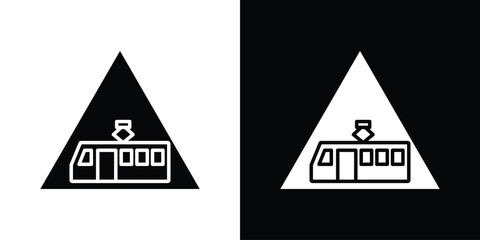 Tramway caution traffic signs. black and white line icons pack.