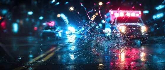 The shattered windshield revealing emergency response on a rainy night.
