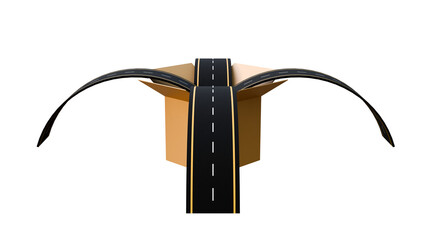 Asphalt road coming out of a cardboard box on a isolated background. Global shipping concept. Transport, logistics, delivery or online shopping concept. Parcel box with crossroads.
