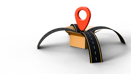 Asphalt road coming out of a cardboard box with red gps pin on a isolated background with copyspace. Global shipping, transport, logistics, delivery or online shopping concept. Express delivery.